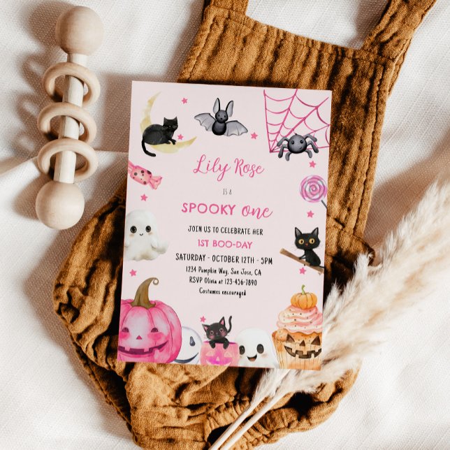 Spooky One Pink Halloween Cute Ghost 1st Birthday Invitation (Creator Uploaded)