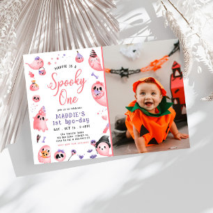 Spooky One Pink Halloween Ghost 1st Photo Birthday Invitation
