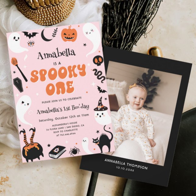 Spooky One Pink Halloween Photo 1st Birthday Invitation (Creator Uploaded)