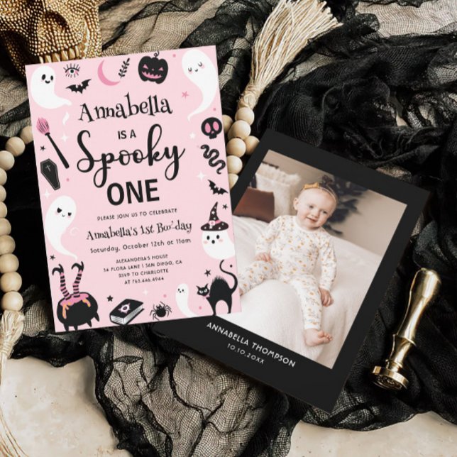 Spooky One Pink Halloween Photo 1st Birthday Invitation (Creator Uploaded)