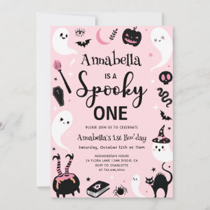 Spooky One Pink Halloween Photo 1st Birthday Invitation