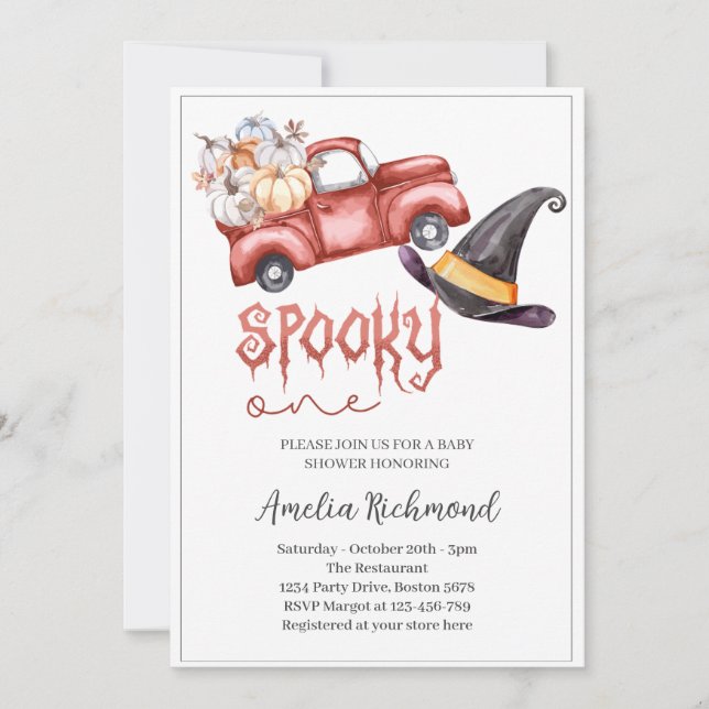 spooky one Red Pumpkin Pickup Truck Baby Shower Invitation (Front)