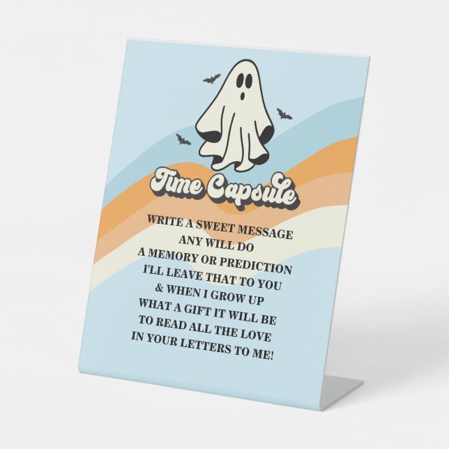 Spooky One Retro Ghost Birthday Time Capsule Pedestal Sign (Front)