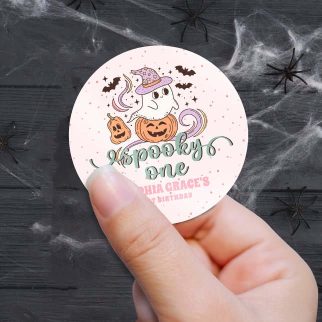 Spooky One Retro Ghost Halloween Birthday Party Classic Round Sticker (Creator Uploaded)