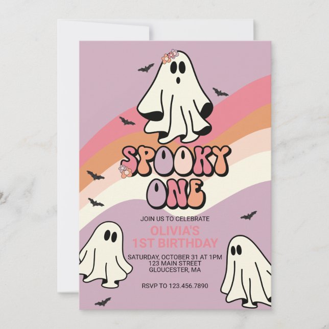 Spooky One Retro Halloween Ghost 1st Birthday Invitation (Front)