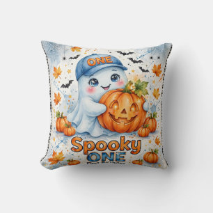 Spooky ONE Throw Pillow Blue Ghost Halloween Fir