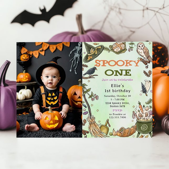 Spooky One Witch Halloween 1st Birthday Photo Invitation (Creator Uploaded)