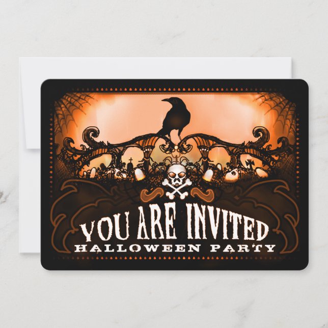 Spooky Orange & Black Raven Halloween Party Invite (Front)
