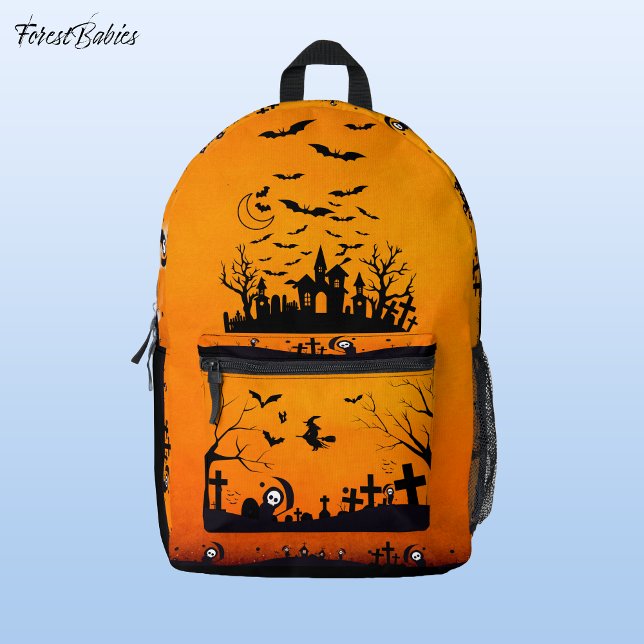 Spooky Orange Gothic Grim Reaper Graveyard ✝ 🎃 🦇 Printed Backpack (Spooky Orange & Black Gothic Witch, Grim Reaper Graveyard ForestBabies Halloween Backpack ✝ 🎃 🦇 )