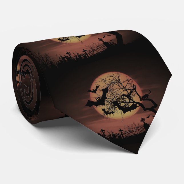 Spooky Orange Harvest Moon Bats and Cemetary  Tie (Rolled)