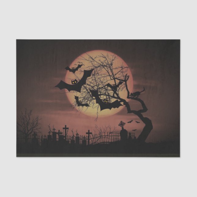 Spooky Orange Harvest Moon Bats and Cemetary  Tissue Paper (Front)