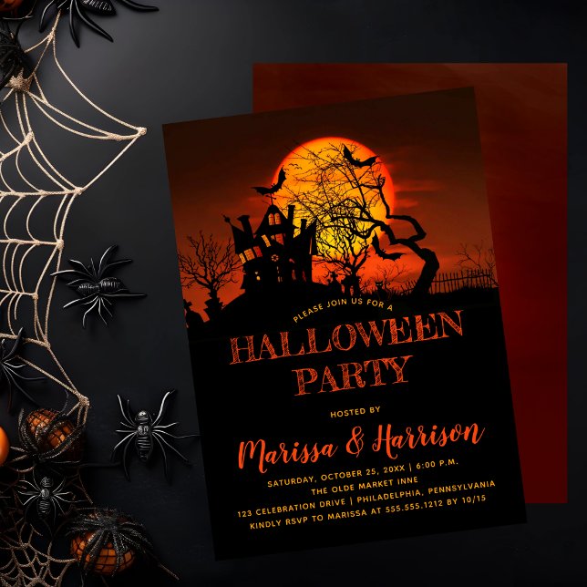 Spooky Orange Moon Haunted House Halloween Party I Invitation (Spooky Orange Moon Haunted House Halloween Party Invitation)