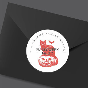 Spooky Orange Pumpkin Cat and Bat Halloween Party Classic Round Sticker