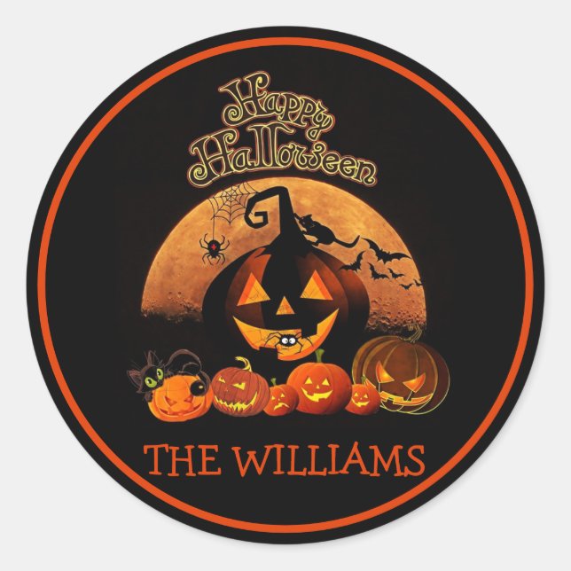 Spooky orange pumpkins &bats Family name Halloween Classic Round Sticker (Front)