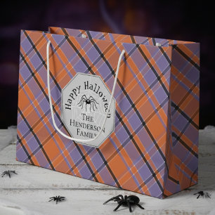 Spooky Orange Purple Black Plaid Spider Halloween  Large Gift Bag
