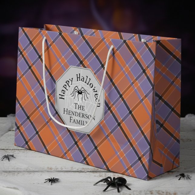 Spooky Orange Purple Black Plaid Spider Halloween  Large Gift Bag (Spooky Happy Halloween Gift Bags. Cute Orange Black Purple Plaid Pattern with Creepy Spider and Name)