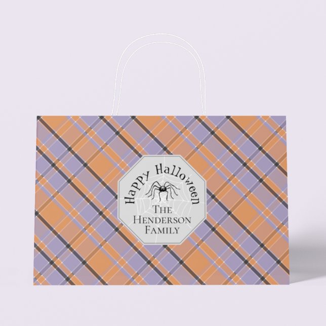 Spooky Orange Purple Black Plaid Spider Halloween  Large Gift Bag (Cute Orange Purple and Black Plaid Spider & Spiderweb Happy Halloween Large Gift Bag & Family Name)