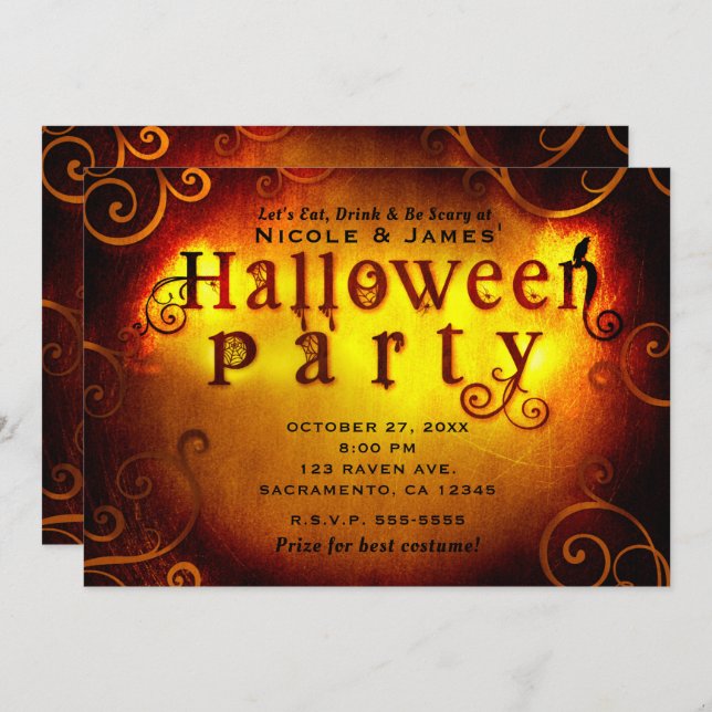 Spooky Orange Trick or Treat Halloween Party Invitation (Front/Back)