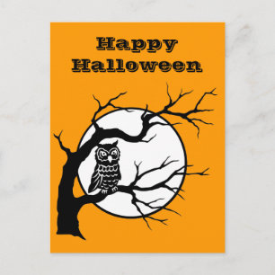 Spooky Owl on Bare Tree Silhouette Halloween Postcard