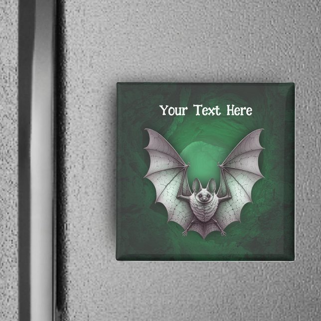 Spooky Pale Grey Bat Flying Out Green Glowing Cave Magnet (Grey spooky flying bat misty glowing green cave on square frig magnet for Halloween.)