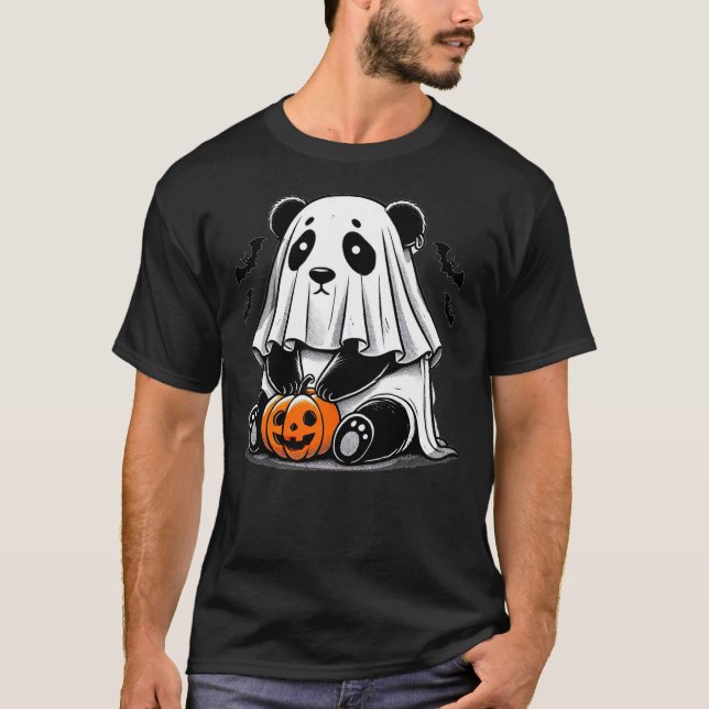 Spooky Panda Wearing A Ghost Halloween Costume Fun T-Shirt (Front)
