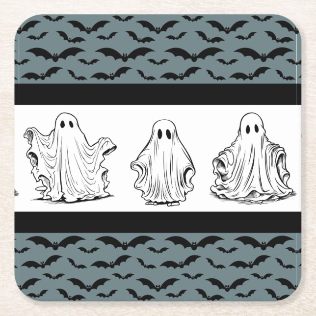 Spooky pattern with ghosts and bats square paper coaster (Front)