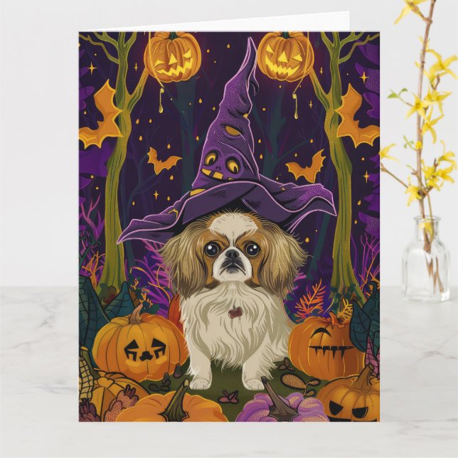 Spooky Pekingese Dog Halloween Witch And Pumpkin  Card (Yellow Flower)