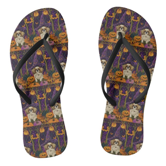 Spooky Pekingese Dog Halloween Witch And Pumpkin  Jandals (Footbed)
