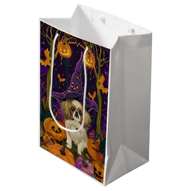 Spooky Pekingese Dog Halloween Witch And Pumpkin  Medium Gift Bag (Front Angled)