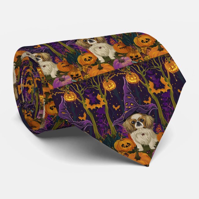 Spooky Pekingese Dog Halloween Witch And Pumpkin  Tie (Rolled)