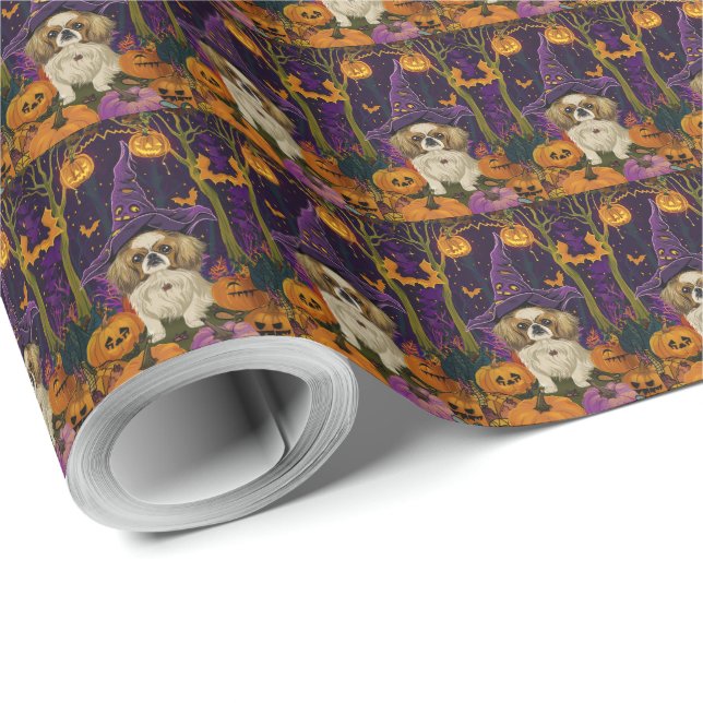 Spooky Pekingese Dog Halloween Witch And Pumpkin  Wrapping Paper (Roll Corner)