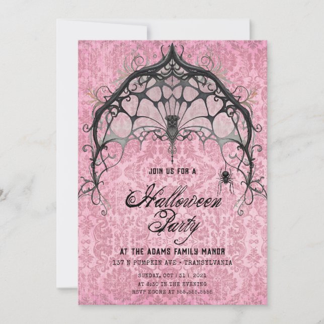 Spooky Pink and Black Spider Web Invitation (Front)