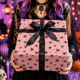 Spooky Pink Black Spider Halloween Pattern Wrapping Paper