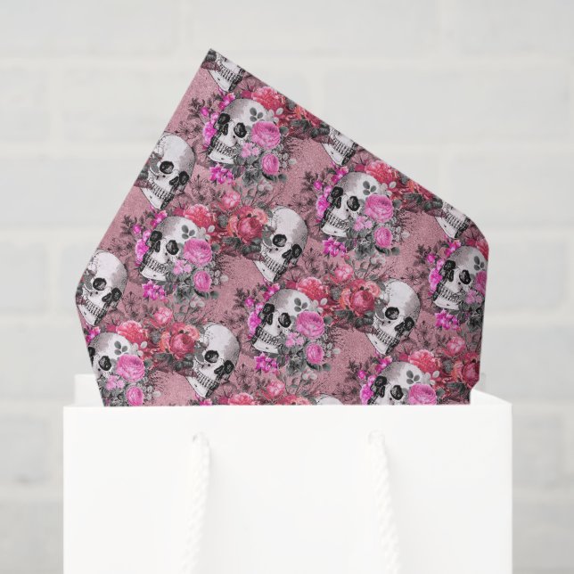 Spooky Pink Floral Skull Tissue Paper (Gift Bag)