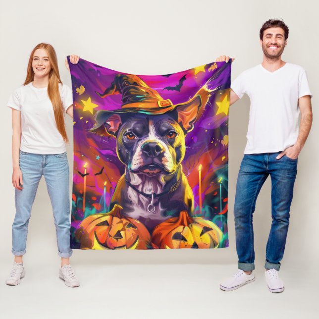 Spooky Pitbull Dog Halloween Witch And Pumpkin  Fleece Blanket (In Situ)
