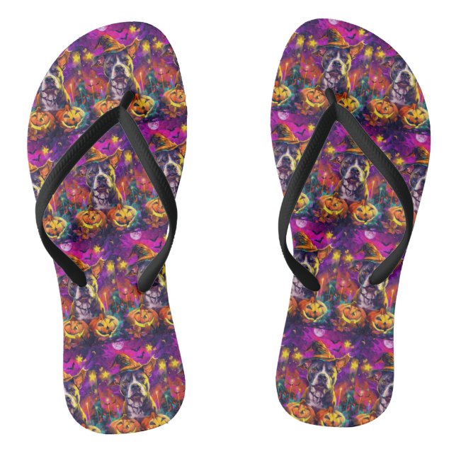 Spooky Pitbull Dog Halloween Witch And Pumpkin  Jandals (Footbed)