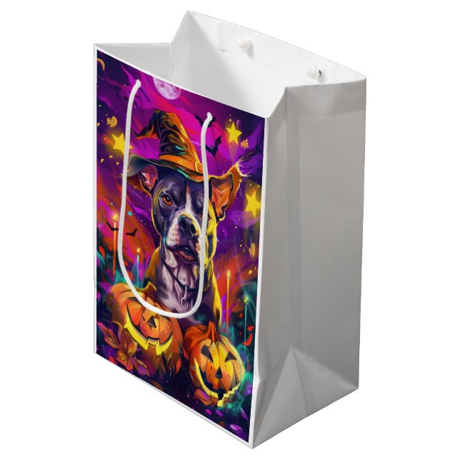 Spooky Pitbull Dog Halloween Witch And Pumpkin  Medium Gift Bag (Front Angled)