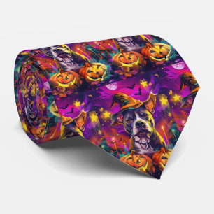 Spooky Pitbull Dog Halloween Witch And Pumpkin  Tie