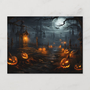 Spooky place, full moon, pumpkins, Halloween night Postcard