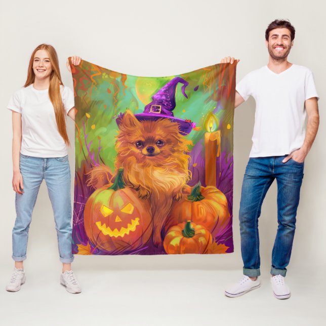 Spooky Pomeranian Dog Halloween Witch And Pumpkin Fleece Blanket (In Situ)