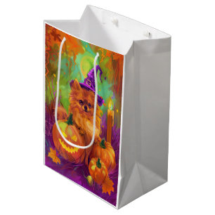 Spooky Pomeranian Dog Halloween Witch And Pumpkin Medium Gift Bag