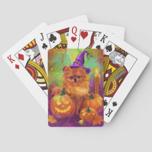Spooky Pomeranian Dog Halloween Witch And Pumpkin Playing Cards