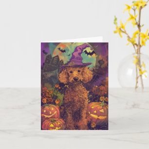 Spooky Poodle Dog Halloween Witch And Pumpkin Card