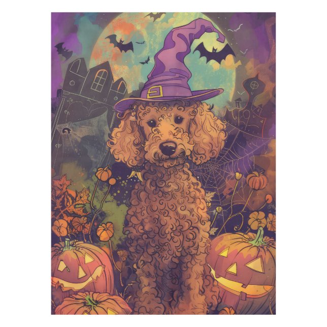 Spooky Poodle Dog Halloween Witch And Pumpkin Tablecloth (Front)