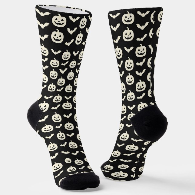 Spooky Pumpkin and Bat Pattern Halloween Crew Sock (Angled)