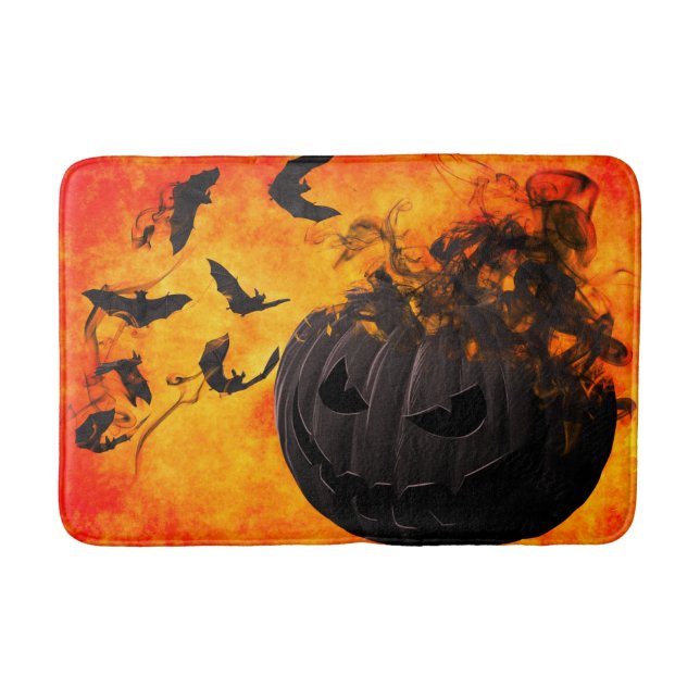 Spooky pumpkin and bats illustration bath mat (Front)
