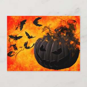 Spooky pumpkin and bats illustration postcard