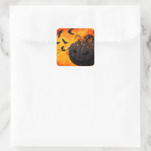 Spooky pumpkin and bats illustration square sticker
