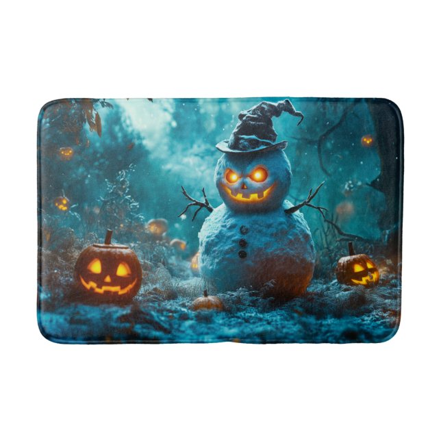 Spooky Pumpkin and Snowman, Forest Halloween Scene Bath Mat (Front)