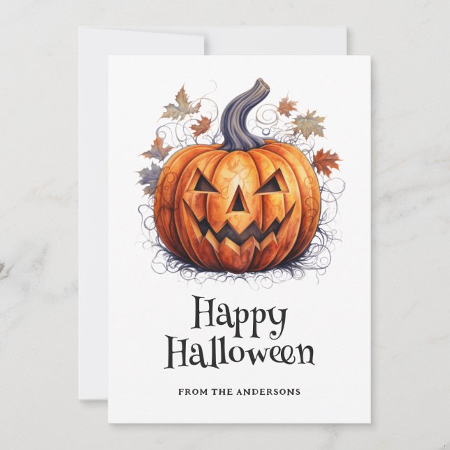 Spooky Pumpkin Autumn Leaves Happy Halloween Card (Front)